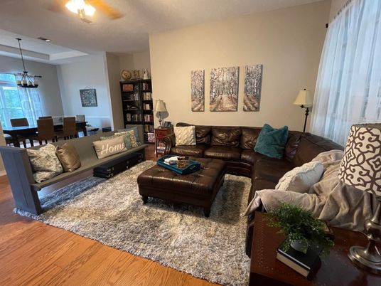 Dining room, Interior, Living room, Pendant Lights, Wood Texture Flooring