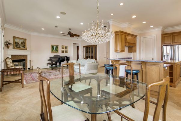 Chandelier, Dining room, Fireplace, Interior, Kitchen, Piano, Recessed Lighting