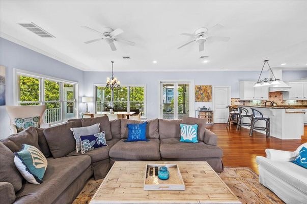 Chandelier, Dining room, Interior, Kitchen, Living room, Recessed Lighting, Wood Texture Flooring