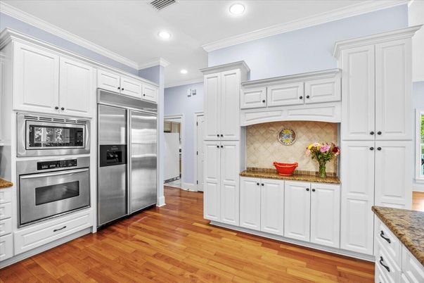 Interior, Kitchen, Recessed Lighting, Stainless Steel Appliances, Wood Texture Flooring