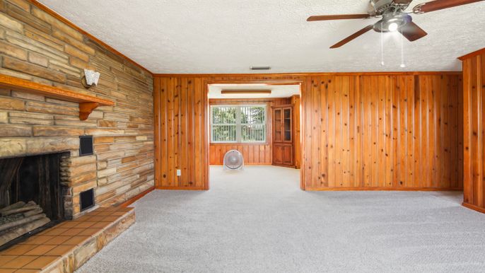 Empty room, Fireplace, Interior, Stone Walls, Wooden Walls