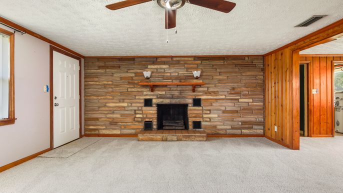 Empty room, Fireplace, Interior, Stone Walls, Wooden Walls