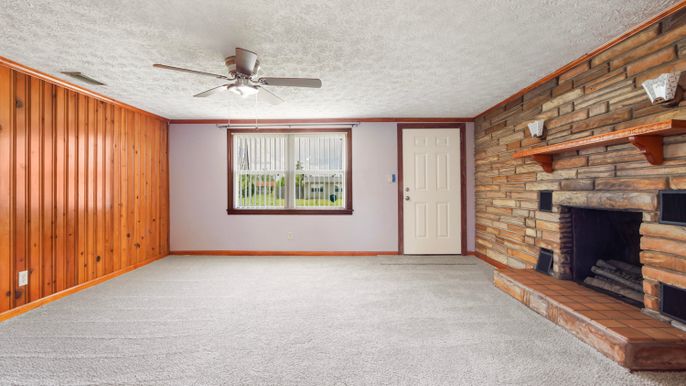 Empty room, Fireplace, Interior, Stone Walls, Wooden Walls