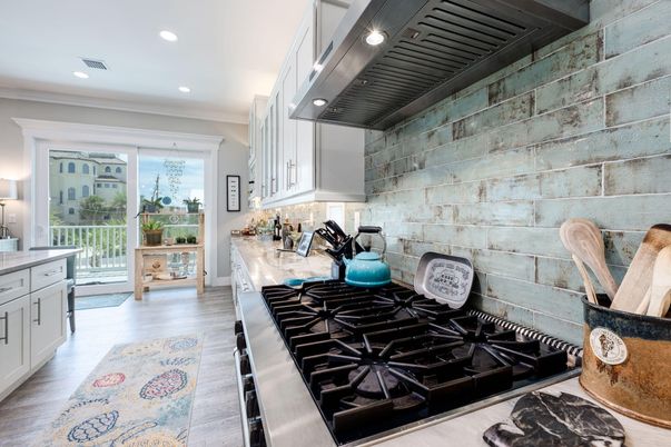 Interior, Kitchen, Recessed Lighting, Stone Walls, Wood Texture Flooring