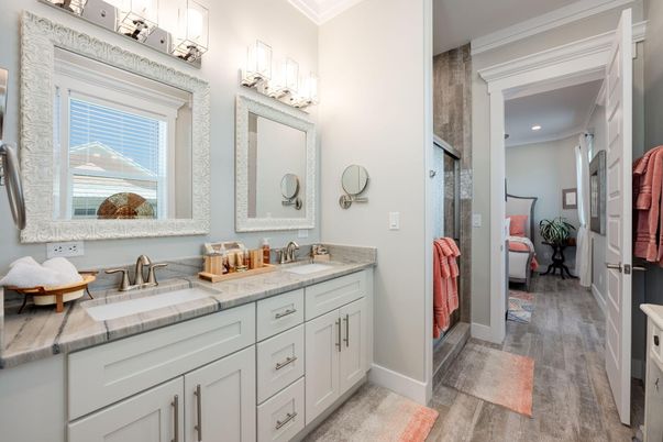 Bathroom, Dual Sink Vanities, Interior, Recessed Lighting, Tile Countertops, Wood Texture Flooring