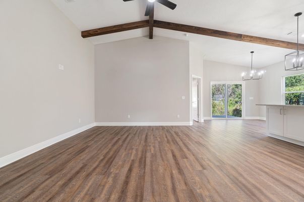 Chandelier, Empty room, Interior, Pendant Lights, Wooden Beams, Wood Texture Flooring