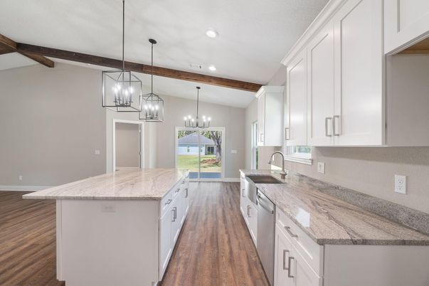 Chandelier, Interior, Kitchen, Pendant Lights, Recessed Lighting, Wooden Beams, Wood Texture Flooring