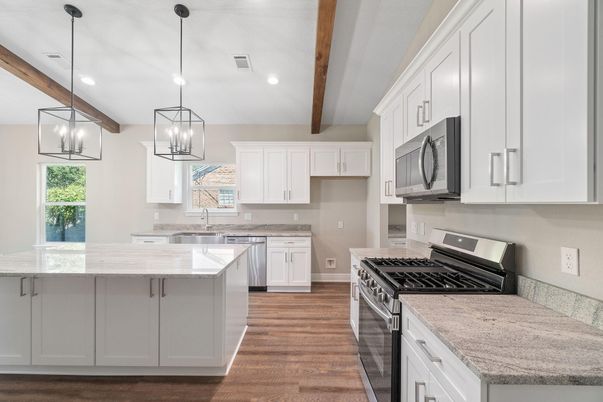 Interior, Kitchen, Pendant Lights, Recessed Lighting, Stainless Steel Appliances, Wooden Beams, Wood Texture Flooring