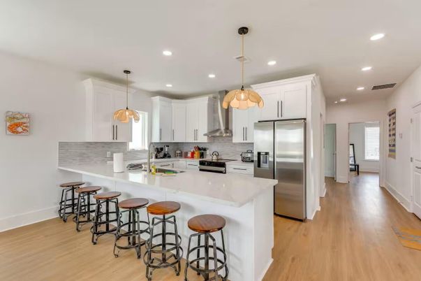 Interior, Kitchen, Pendant Lights, Recessed Lighting, Stainless Steel Appliances, Wood Texture Flooring
