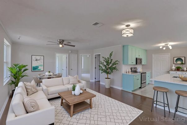 Dining room, Interior, Kitchen, Living room, Stainless Steel Appliances, Wood Texture Flooring