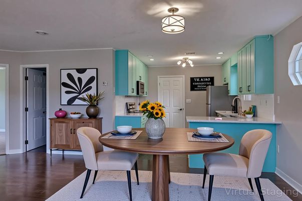 Dining room, Interior, Kitchen, Recessed Lighting, Wood Texture Flooring
