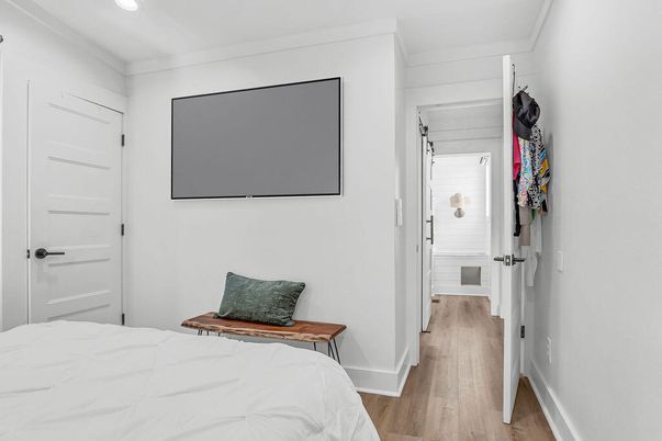 Bedroom, Interior, Recessed Lighting, Wood Texture Flooring