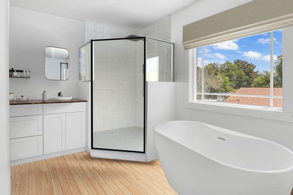 Bathroom, Free Standing Baths, Glass Shower, Interior, Wood Texture Flooring