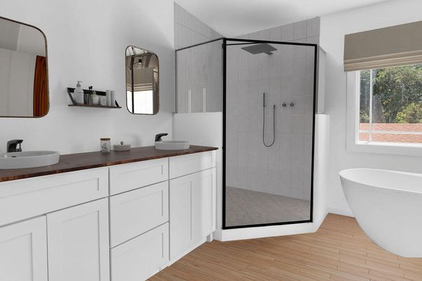 Bathroom, Dual Sink Vanities, Free Standing Baths, Glass Shower, Interior, Wood Texture Flooring