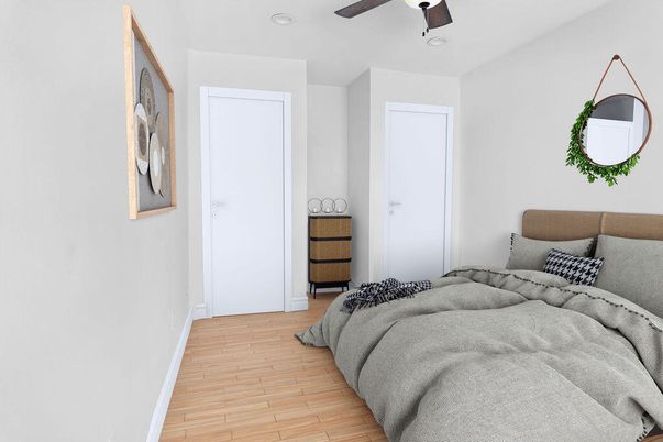 Bedroom, Interior, Recessed Lighting, Wood Texture Flooring
