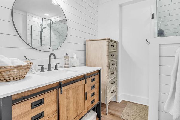 Bathroom, Interior, Recessed Lighting, Wood Texture Flooring