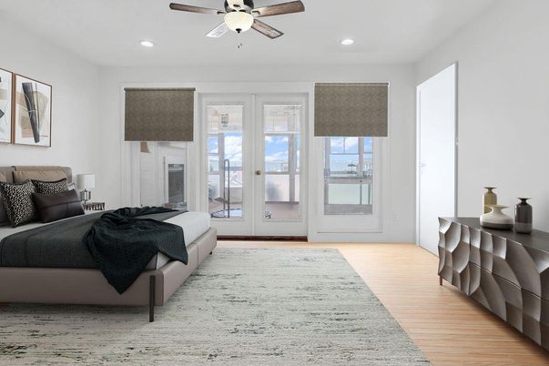 Bedroom, Interior, Recessed Lighting, Wood Texture Flooring