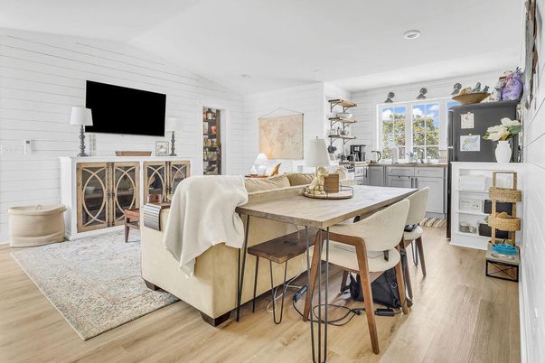 Dining room, Interior, Recessed Lighting, Wood Texture Flooring