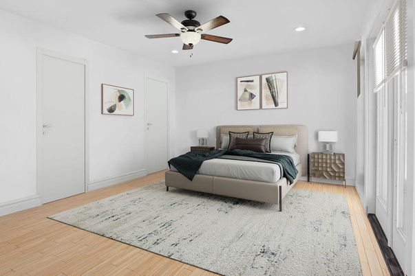 Bedroom, Interior, Recessed Lighting, Wood Texture Flooring