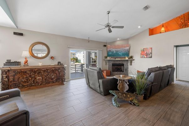 Fireplace, Interior, Living room, Recessed Lighting, Wood Texture Flooring