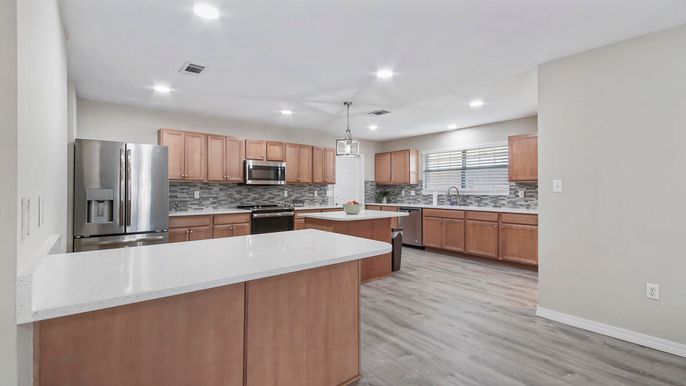 Interior, Kitchen, Pendant Lights, Recessed Lighting, Stainless Steel Appliances, Wood Texture Flooring