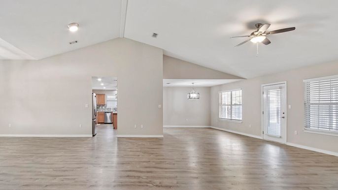 Empty room, Interior, Kitchen, Pendant Lights, Recessed Lighting, Wood Texture Flooring