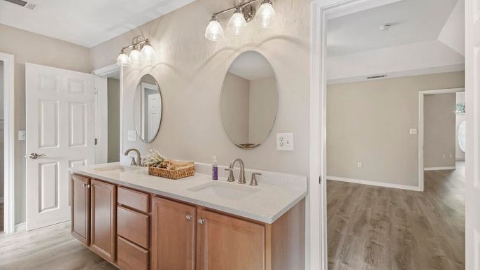 Bathroom, Dual Sink Vanities, Interior, Wood Texture Flooring