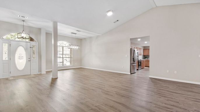 Empty room, Interior, Kitchen, Pendant Lights, Recessed Lighting, Wood Texture Flooring
