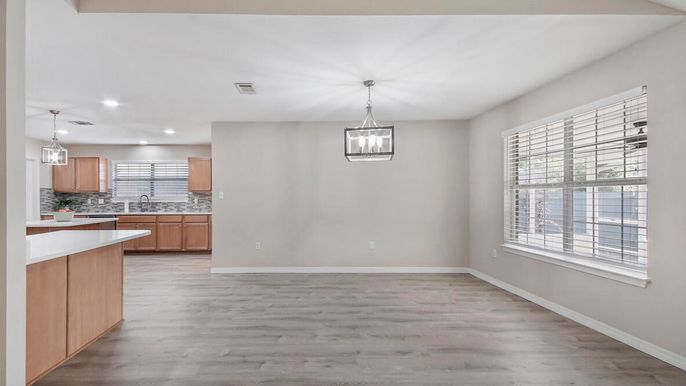 Empty room, Interior, Kitchen, Pendant Lights, Recessed Lighting, Wood Texture Flooring