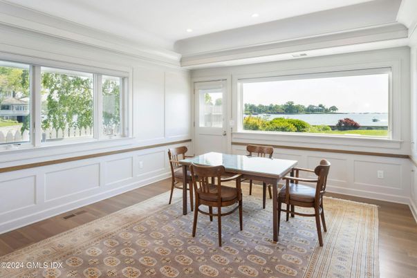 Dining room, Interior, Recessed Lighting, Wood Texture Flooring
