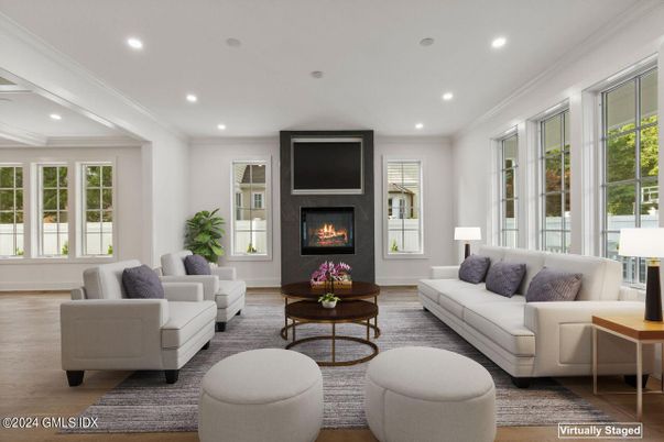 Fireplace, Interior, Living room, Recessed Lighting, Wood Texture Flooring