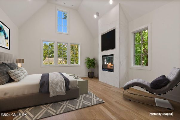 Bedroom, Fireplace, Interior, Recessed Lighting, Wood Texture Flooring