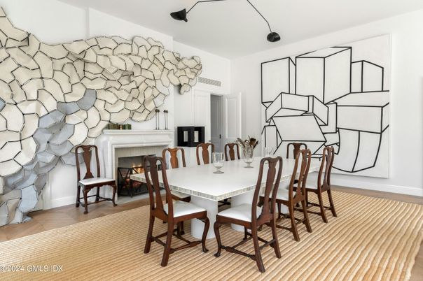 Dining room, Fireplace, Interior, Wood Texture Flooring