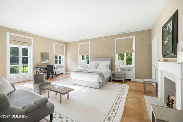 Bedroom, Dining room, Fireplace, Interior, Wood Texture Flooring