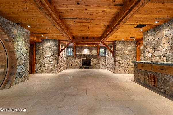 Fireplace, Interior, Recessed Lighting, Stone Walls, Wooden Beams, Wooden Ceilings