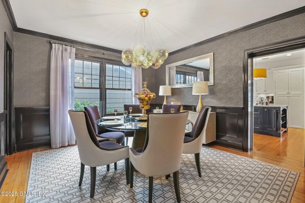 Dining room, Interior, Pendant Lights, Wood Texture Flooring