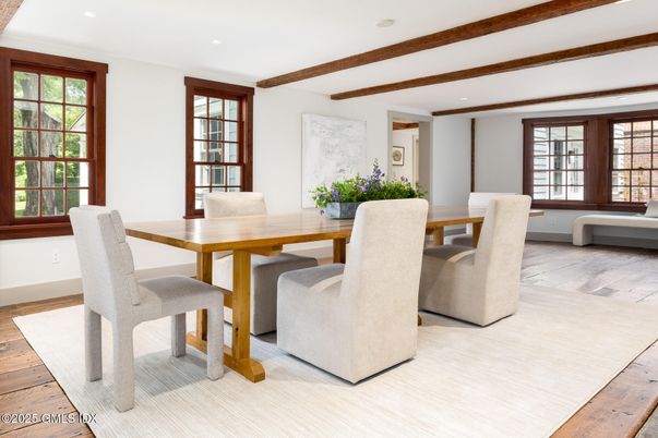 Dining room, Interior, Recessed Lighting, Wooden Beams, Wood Texture Flooring