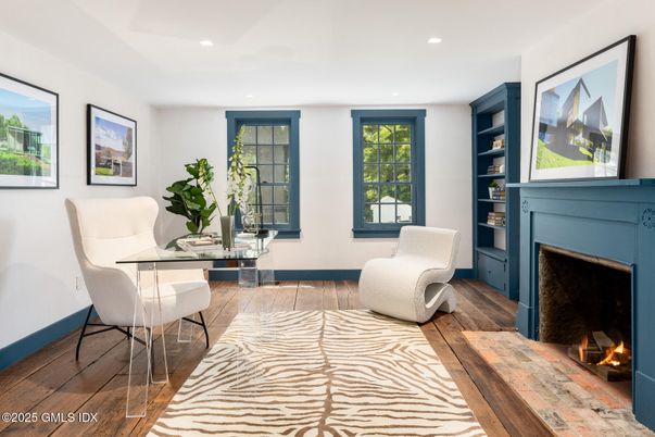 Fireplace, Home Office, Interior, Recessed Lighting, Wood Texture Flooring