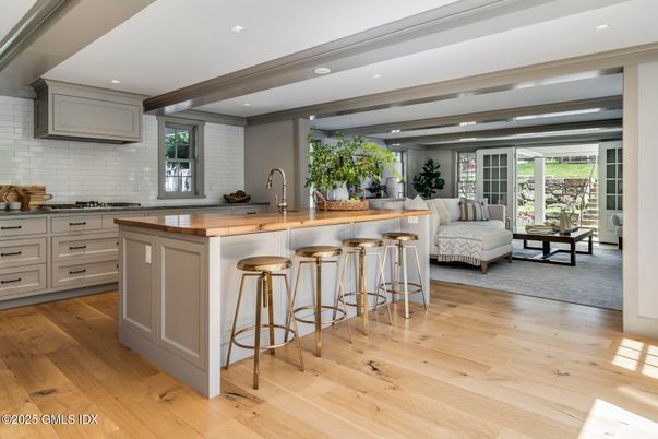 Interior, Kitchen, Recessed Lighting, Stone Walls, Wooden Beams, Wood Texture Flooring