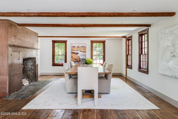 Dining room, Fireplace, Interior, Recessed Lighting, Wooden Beams, Wood Texture Flooring
