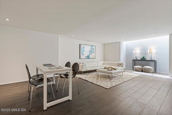 Dining room, Interior, Living room, Recessed Lighting, Wood Texture Flooring