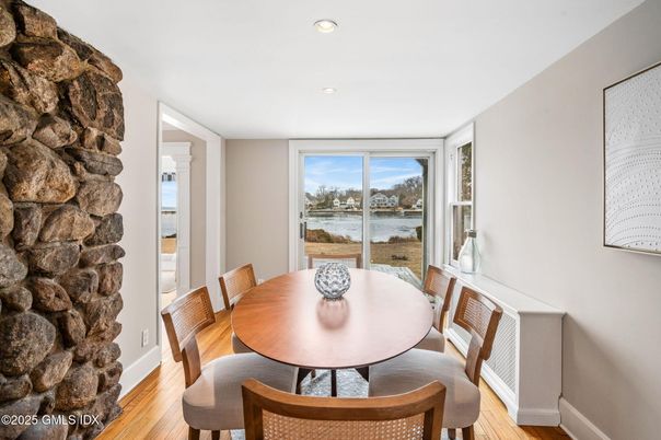 Dining room, Interior, Recessed Lighting, Stone Walls, Water, Wood Texture Flooring