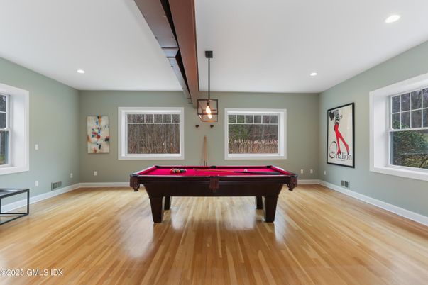 Billiard Table, Game Room, Interior, Pendant Lights, Recessed Lighting, Wood Texture Flooring