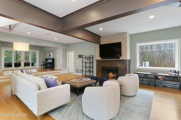 Fireplace, Interior, Living room, Recessed Lighting, Wooden Beams, Wood Texture Flooring