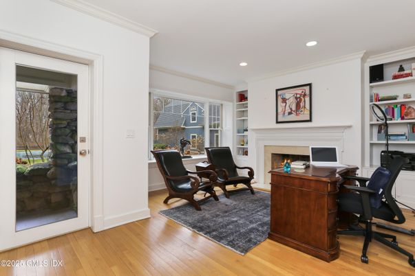 Fireplace, Home Office, Interior, Recessed Lighting, Wood Texture Flooring