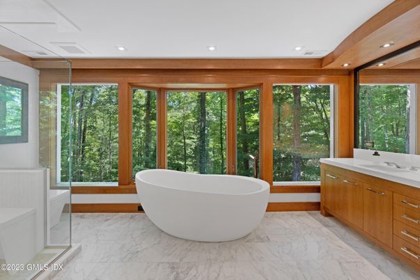Bathroom, Dual Sink Vanities, Free Standing Baths, Glass Shower, Interior, Marble, Recessed Lighting