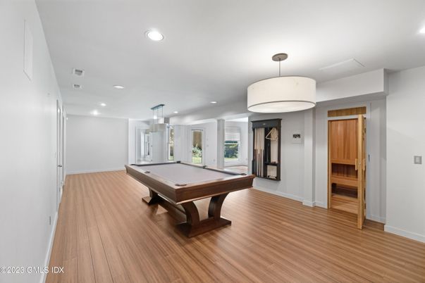 Billiard Table, Game Room, Interior, Pendant Lights, Recessed Lighting, Wood Texture Flooring