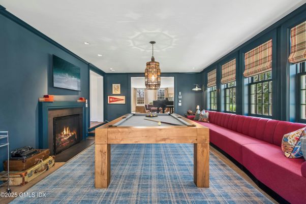 Billiard Table, Fireplace, Game Room, Interior, Living room, Pendant Lights, Recessed Lighting