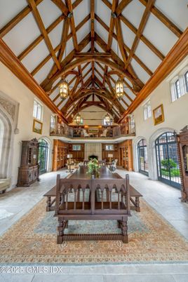 Chandelier, Dining room, Interior, Wooden Beams