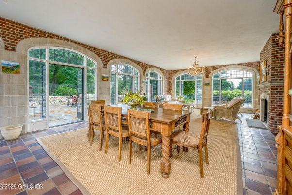 Chandelier, Dining room, Fireplace, Interior, Stone Walls